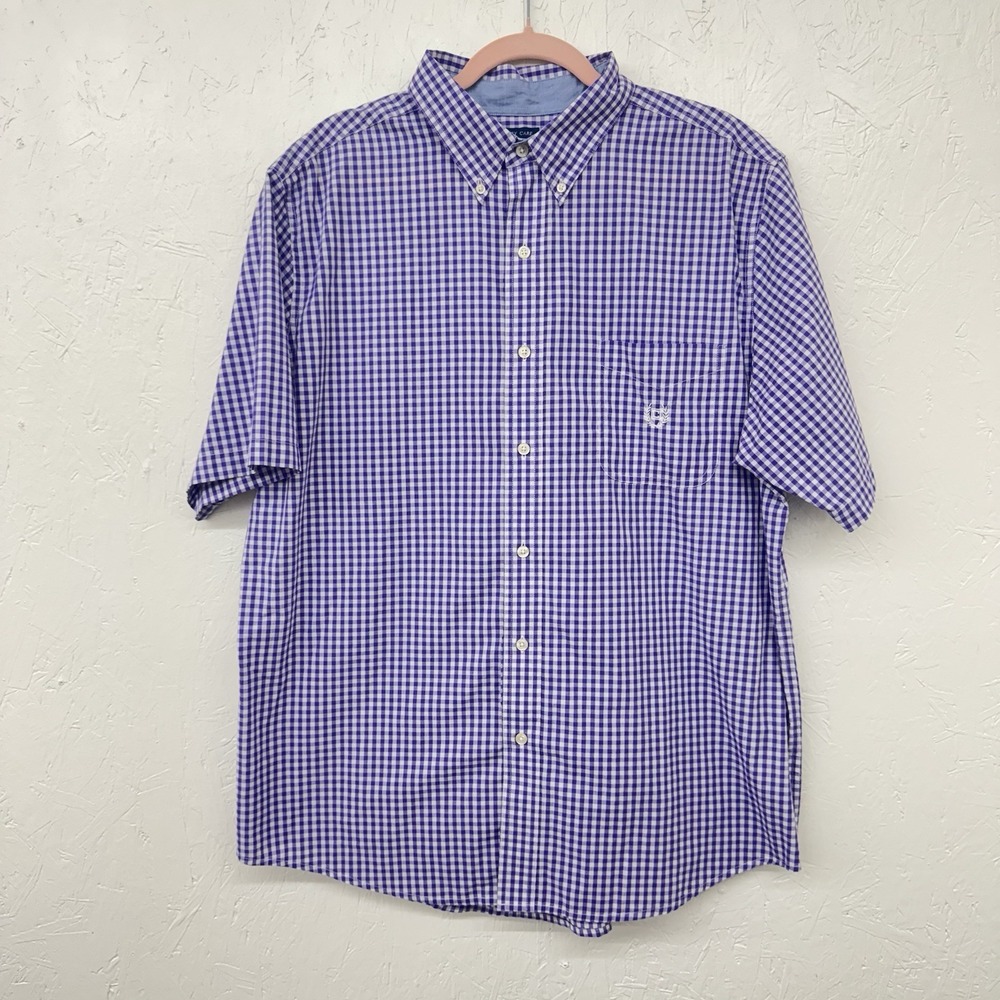 CHAPS Size Xl Purple Check  Cotton Button Front Shirt Short Sleeves Easy Care‎